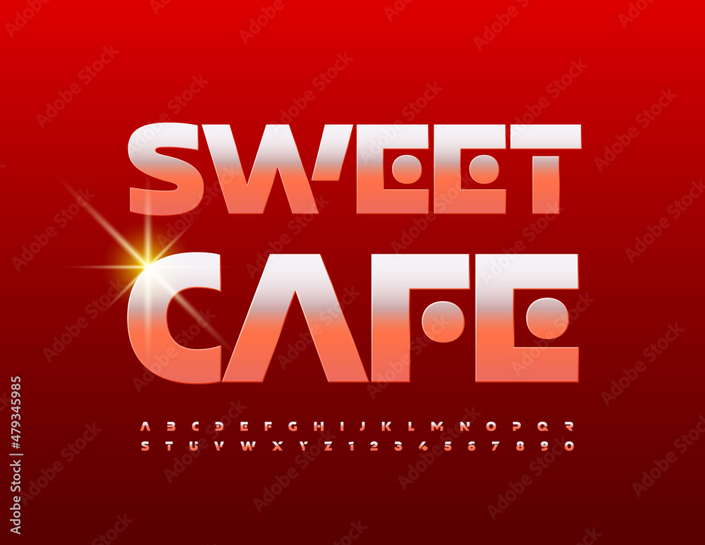 Vector unique emblem Sweet Cafe with stylish golden Font. Elite metal Alphabet Letters and Numbers set