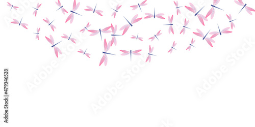 Exotic rosy pink dragonfly flat vector wallpaper. Spring cute insects. Simple dragonfly flat baby background. Gentle wings damselflies graphic design. Nature beings
