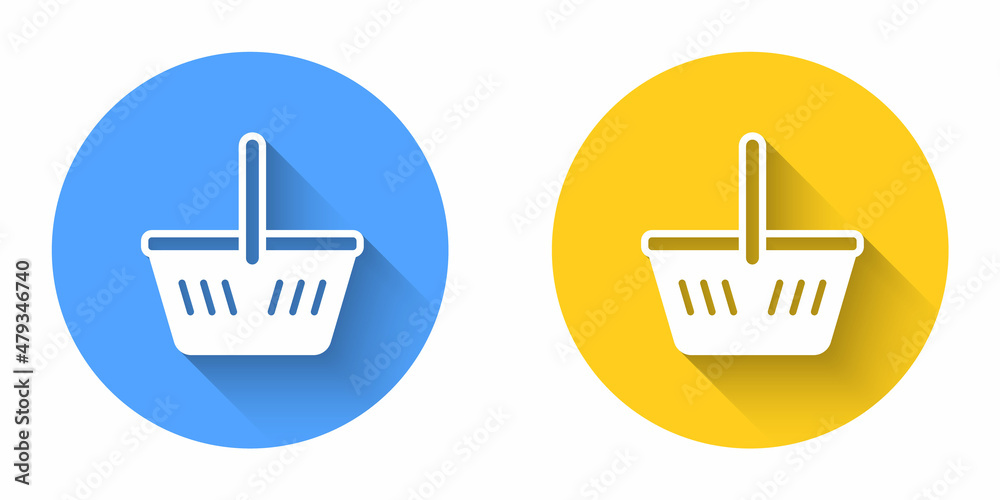 White Shopping basket icon isolated with long shadow background. Online buying concept. Delivery service sign. Shopping cart symbol. Circle button. Vector White Shopping basket icon isolated with long shadow background. Online buying concept. Delivery service sign. Shopping cart symbol. Circle button. Vector