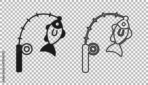 Black Fishing rod and fish icon isolated on transparent background. Fishing equipment and fish farming topics. Vector