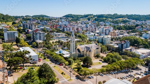 Nova Prata RS. Aerial view of the church and city of Nova Prata, Rio Grande do Sul