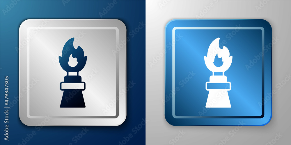 White Oil rig with fire icon isolated on blue and grey background. Fire accident. Gas tower. Industrial object. Silver and blue square button. Vector White Oil rig with fire icon isolated on blue and grey background. Fire accident. Gas tower. Industrial object. Silver and blue square button. Vector