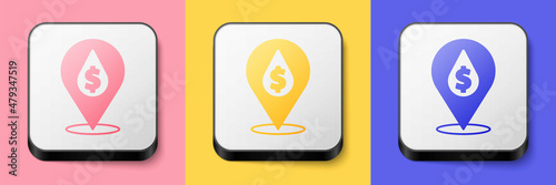 Isometric Oil drop with dollar symbol icon isolated on pink, yellow and blue background. Oil price. Oil and petroleum industry. Square button. Vector