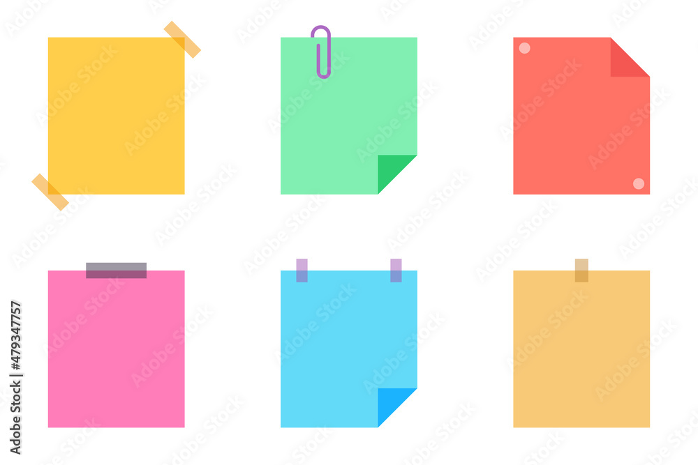 Conjunto de pegatinas multicolores. Papel de notas adhesivas. Colección de  hojas de papel de notas de diferentes colores, en blanco para su mensaje.  Ilustración vectorial, estilo de colores Stock-illustration | Adobe Stock