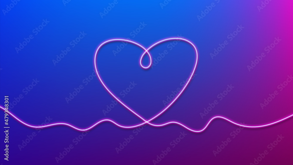 Neon heart. Happy Valentines Day. Continuous line art drawing. Vector background