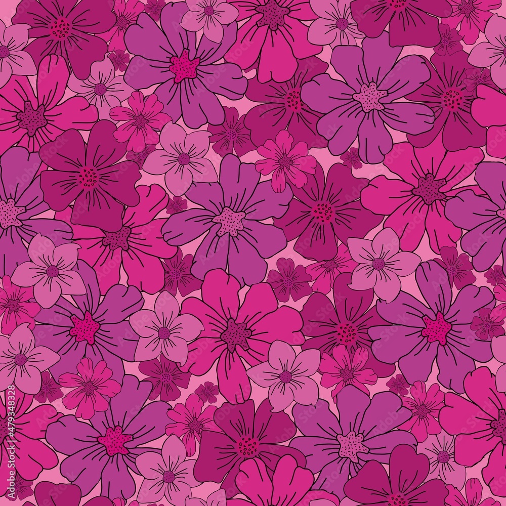 Beautiful vintage pattern. Pink and lilac flowers . Pink background. Floral seamless background. An elegant template for fashionable prints.
