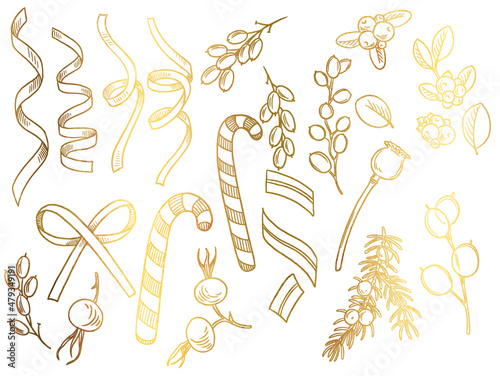 golden drawing christmas set with ribbons and fir branches,, new year decor, hand drawn illustration