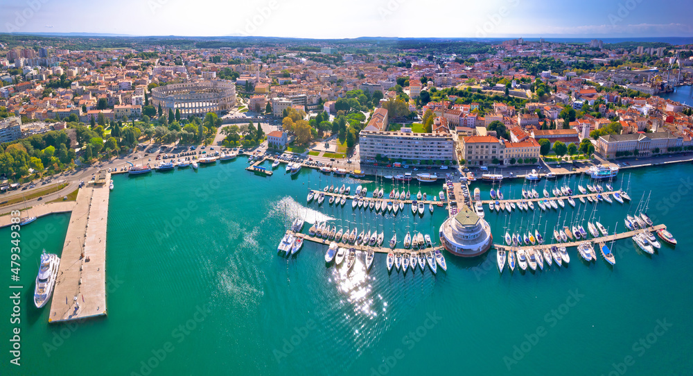 Historic town of Pula waterfront aerial panoramic view