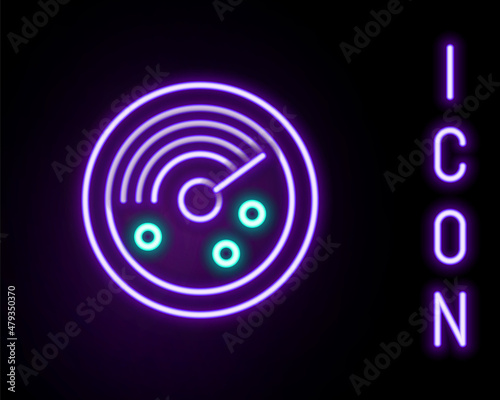 Glowing neon line Radar with targets on monitor in searching icon isolated on black background. Search system. Navy sonar. Colorful outline concept. Vector