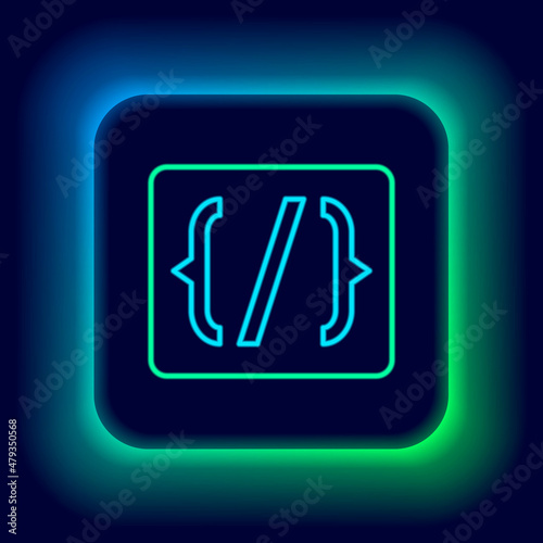Vászonkép Glowing neon line Programming language syntax icon isolated on black background