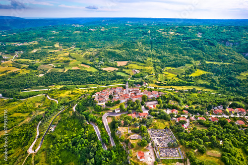 Green Istria landscape and Town of Pican on picturesque hill aerial view © xbrchx