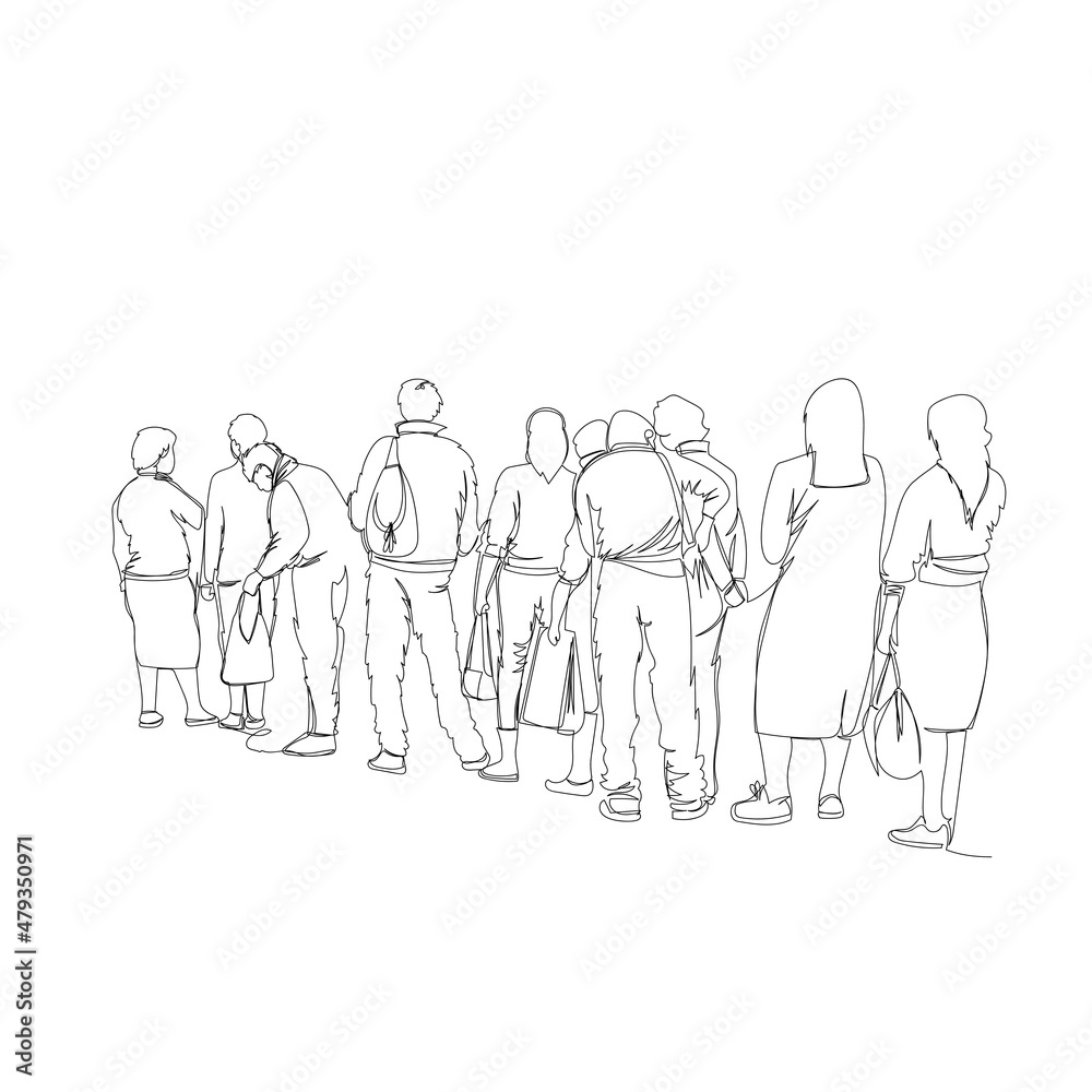 queue. people are standing in line. the vector image is a continuous line. one line. people in the back