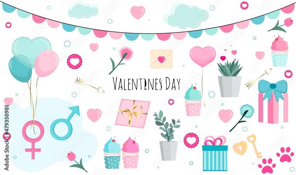 
A set of romantic elements for Valentine's Day: heart, gifts, garland, balloons, cupcakes, key, lock, flowers, letter, Vector illustration.
