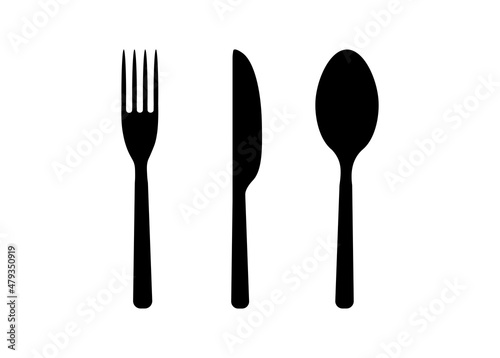 Fork, spoon, knife, plate, cup. Set of cutlery icons, kitchen utensils for reception, record table setting. Logo for cafes, restaurants. Vector flat illustration. 