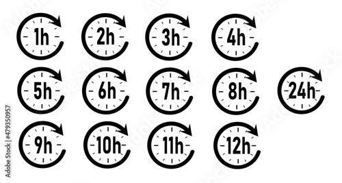 Clock arrow icons set 1, 2, 3, 4, 5, 6, 7, 8, 9, 10, 11 12, 24 hours. Countdown time. Delivery service, service time. Vector illustration.