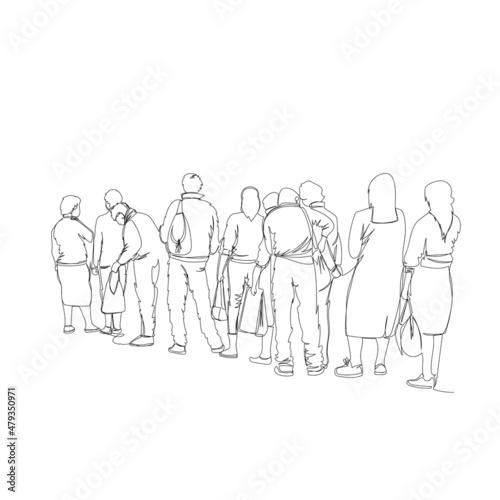 queue. people are standing in line. the vector image is a continuous line. one line. people in the back