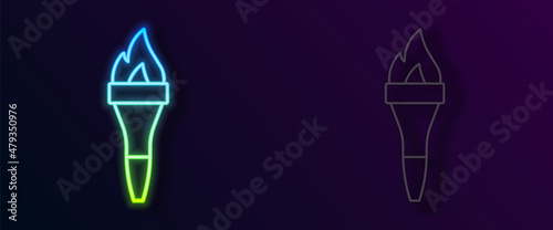 Glowing neon line Torch flame icon isolated on black background. Symbol fire hot, flame power, flaming and heat. Vector