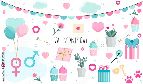 
A set of romantic elements for Valentine's Day: heart, gifts, garland, balloons, cupcakes, key, lock, flowers, letter, Vector illustration.