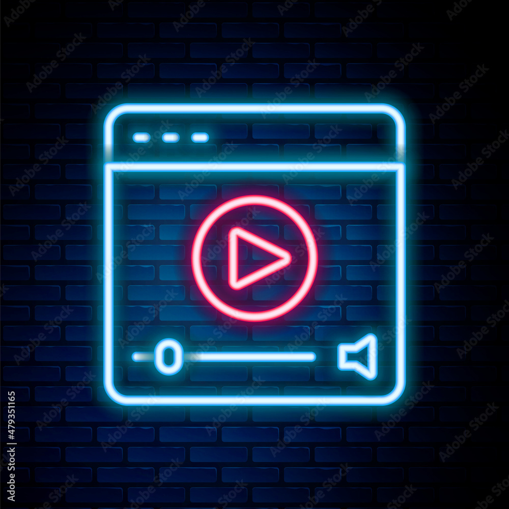 Glowing neon line Online play video icon isolated on brick wall background. Film strip with play sign. Colorful outline concept. Vector Glowing neon line Online play video icon isolated on brick wall background. Film strip with play sign. Colorful outline concept. Vector