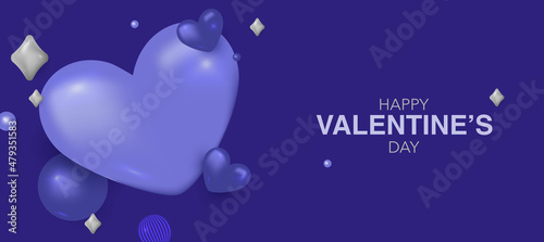 Happy Valentines day template with hearts and highlights. Banner for the holiday with hearts and highlights in Very Peri color. The layout of the holiday. Vector image in three-dimensional