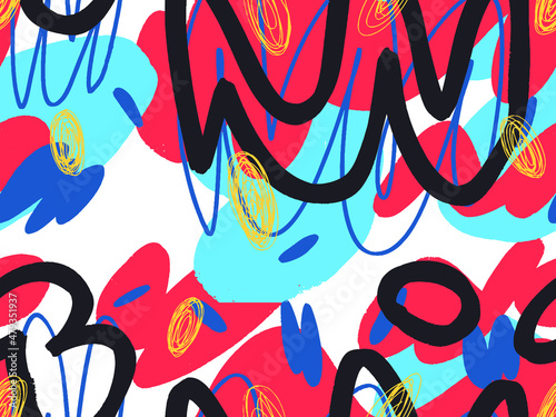 Seamless abstract doodle background pattern in bright summer positive colors. Hand-drawn abstract pattern with randomly arranged spots and dots and lines. Pencil and paint texture.