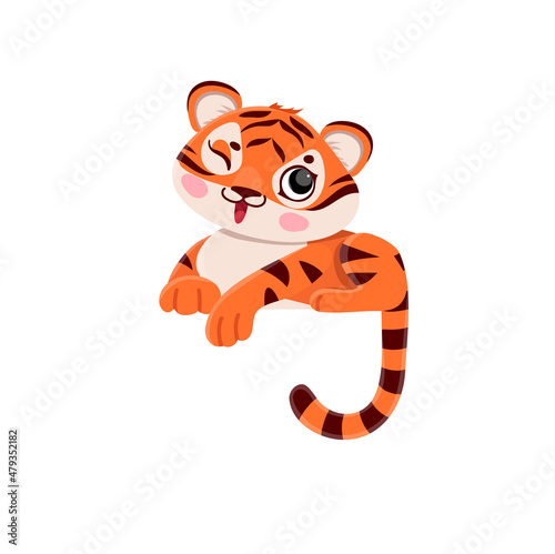 Fototapeta Naklejka Na Ścianę i Meble -  Vector cute tiger sits winking, happy tiger cub