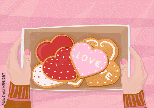 Gingerbread heart. Holiday cookie in shape of heart. Illustration for valentine's day, wedding. Vector illustration