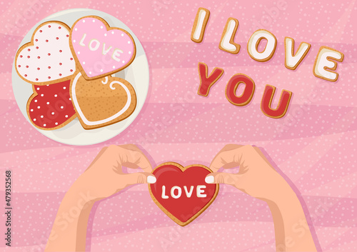 Gingerbread heart. Holiday cookie in shape of heart. Illustration for valentine's day, wedding. Vector illustration