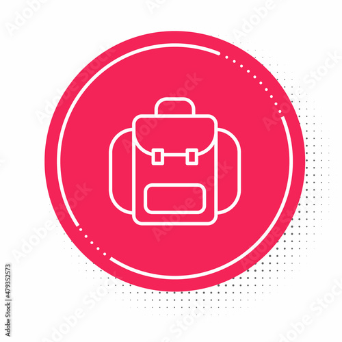 White line Hiking backpack icon isolated on white background. Camping and mountain exploring backpack. Red circle button. Vector