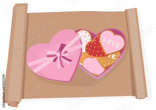 Gingerbread heart. Holiday cookie in shape of heart. Illustration for valentine's day, wedding. Vector illustration