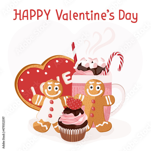 Valentines day coffee. Gingerbread heart. Holiday cookie in shape of heart. Illustration for valentine's day, wedding. Vector illustration.
