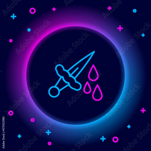 Glowing neon line Sword with blood icon isolated on black background. Medieval weapons knight and soldier. Symbol of murder. Colorful outline concept. Vector