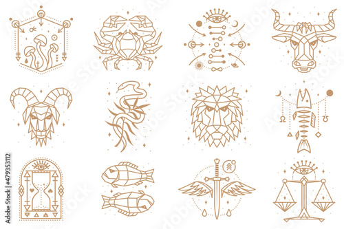 Esoteric and zodiacal symbols. Vector illustration. Outline icon for alchemy, sacred geometry. Mystic or magic design with zodiac sign.