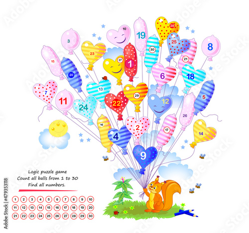 Logic puzzle game for children and adults. Count all balloons from 1 to 30. Find all numbers. Page for kids brain teaser book. Developing memory and counting skills. Play online. Vector illustration.