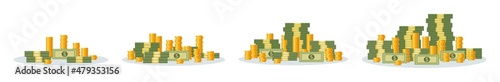 Set of with different quantities of money on the white background. Vector stack of dollar coins and banknotes, capital increase in cartoon style.