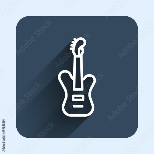 White line Electric bass guitar icon isolated with long shadow background. Blue square button. Vector