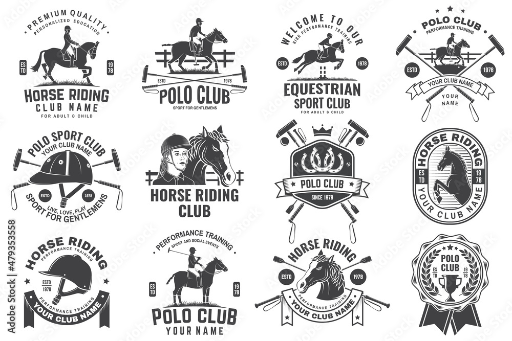 Fototapeta premium Set of polo club and horse riding club patch, emblem, logo. Vector illustration. Templates for polo club and horse riding sports club. Vintage monochrome label with equestrian, rider, helmet and horse