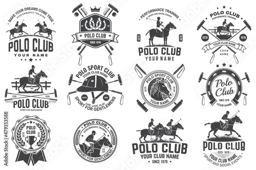 Set of polo club sport badges, patches, emblems, logos. Vector illustration. Vintage monochrome label with rider and horse silhouettes. Polo club competition riding sport.