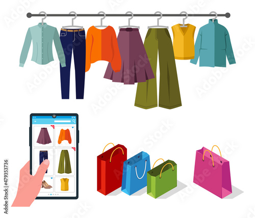 Vector illustration, concept of online clothing store. Shopping, buying clothes, shoes. Clothing store products on the smartphone screen. Collection of clothes on a hanger, autumn-winter wardrobe