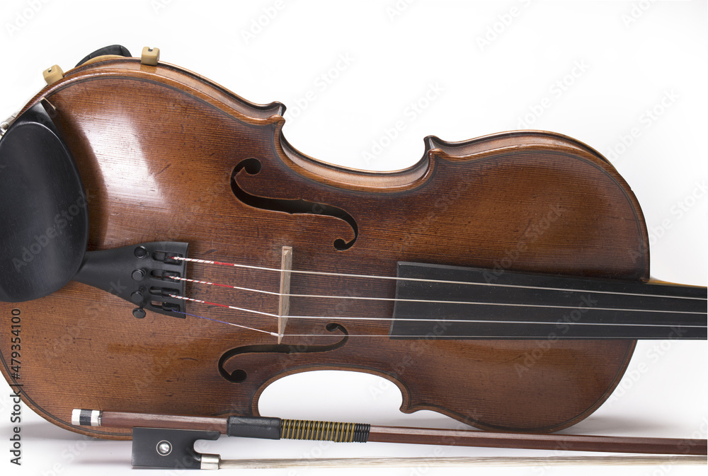 Closeup bow next violin on white background Closeup bow next violin on white background