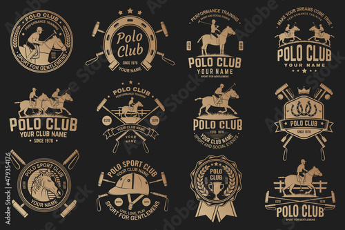 Set of polo club sport badges, patches, emblems, logos. Vector illustration. Vintage monochrome label with rider and horse silhouettes. Polo club competition riding sport.