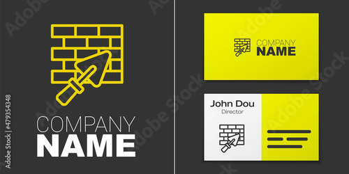 Logotype line Brick wall with trowel icon isolated on grey background. Logo design template element. Vector