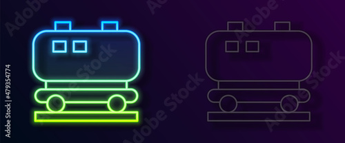 Glowing neon line Oil railway cistern icon isolated on black background. Train oil tank on railway car. Rail freight. Oil industry. Vector