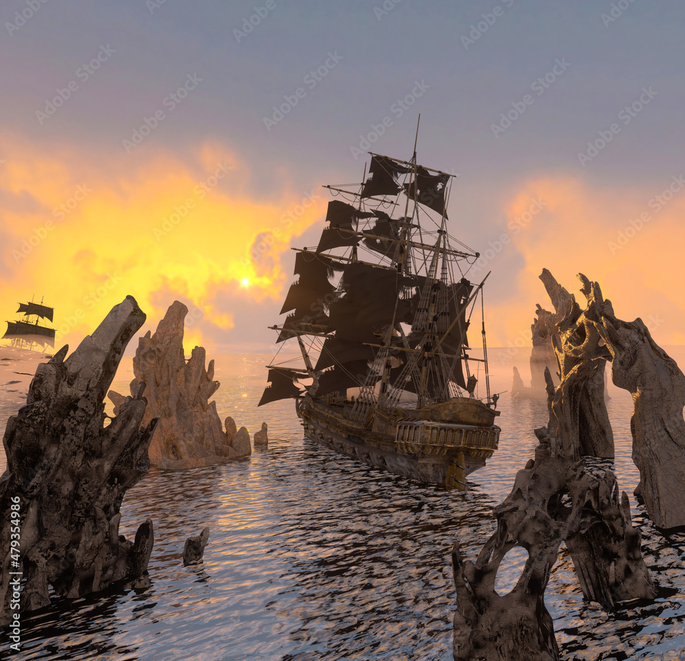 old scary pirate ship at the sea render 3d illustration