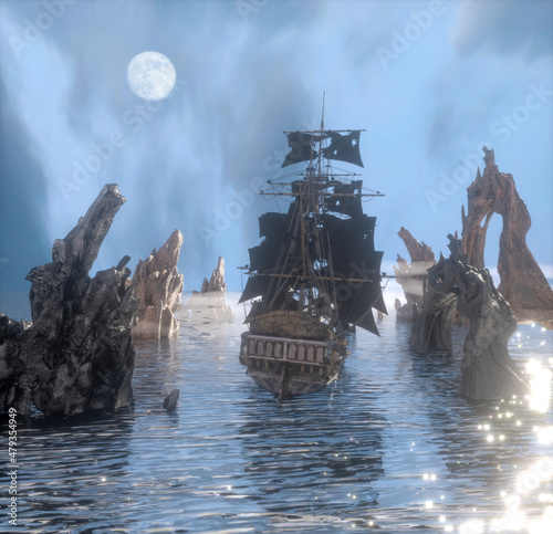 old scary pirate ship at the sea render 3d illustration