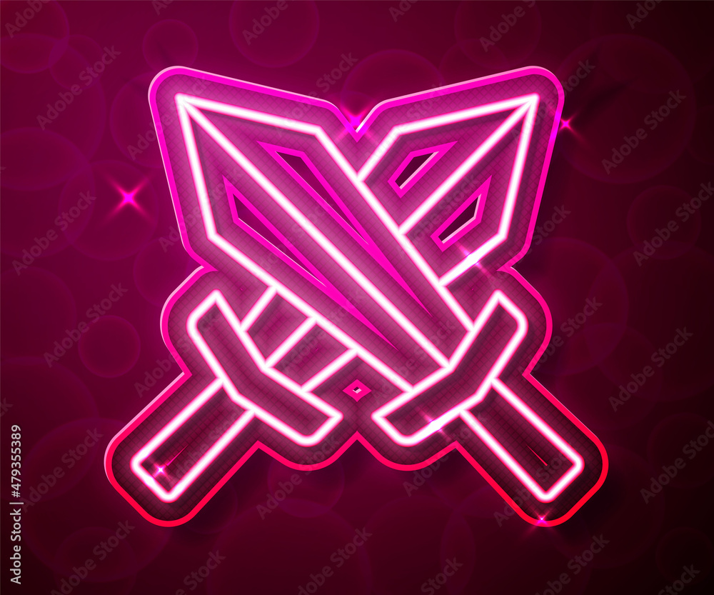 Glowing neon line Sword for game icon isolated on red background. Vector Glowing neon line Sword for game icon isolated on red background. Vector