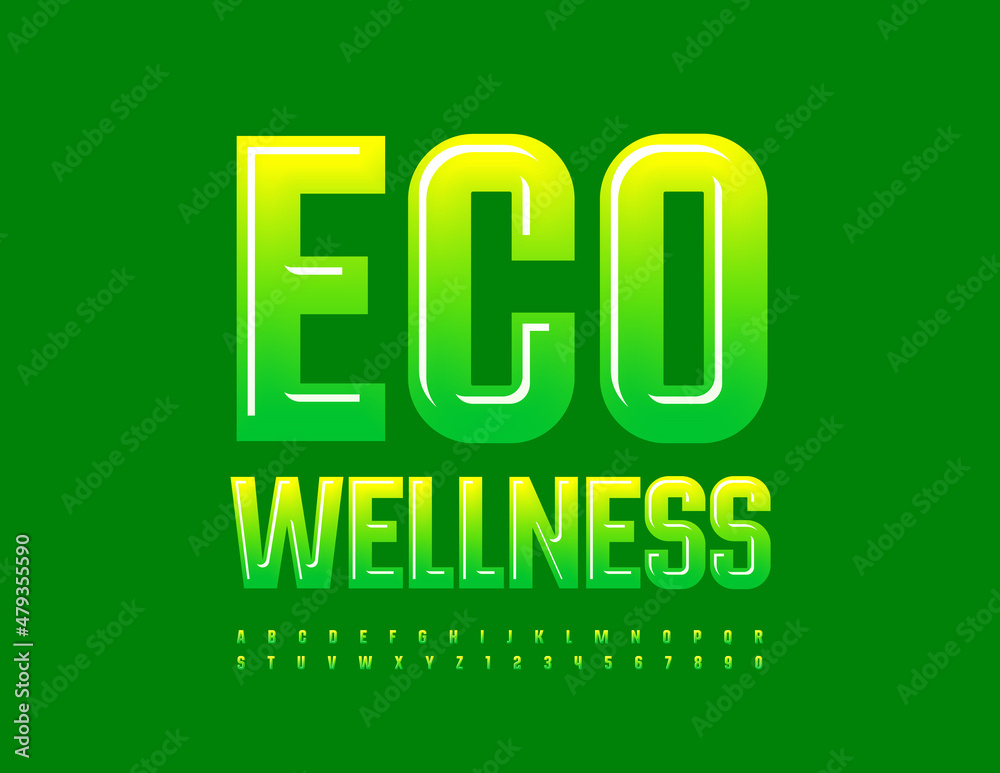 Vector bright sign Eco Wellness. Green gradient Alphabet Letters and Numbers set. Shiny modern Font