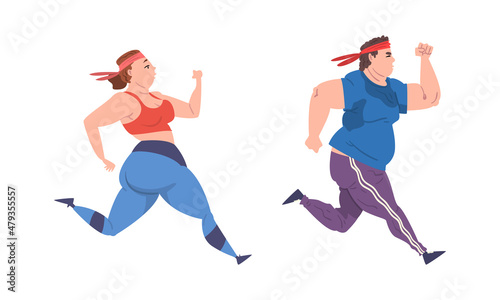 Overweight Man and Woman Character Running and Jogging Vector Set
