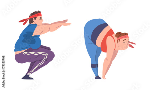 Overweight Man and Woman Character Doing Squats and Training Getting Fit Vector Set