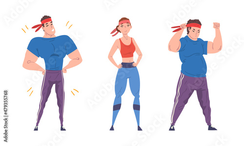Overweight Man and Woman Character Getting Fit Achieving Goal Vector Set